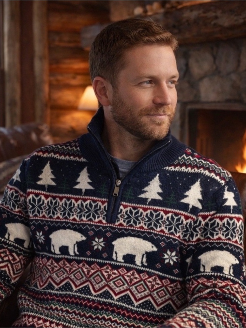 Fair Isle Winter 1/4 Zip Pullover Sweater Navy and White Polar Bear - Aspen